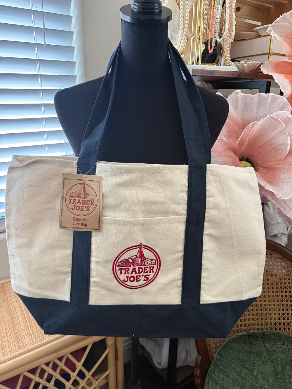 NWT Trader Joe's Large Natural & Navy Canvas Farmer's Market Tote Shopping Bag